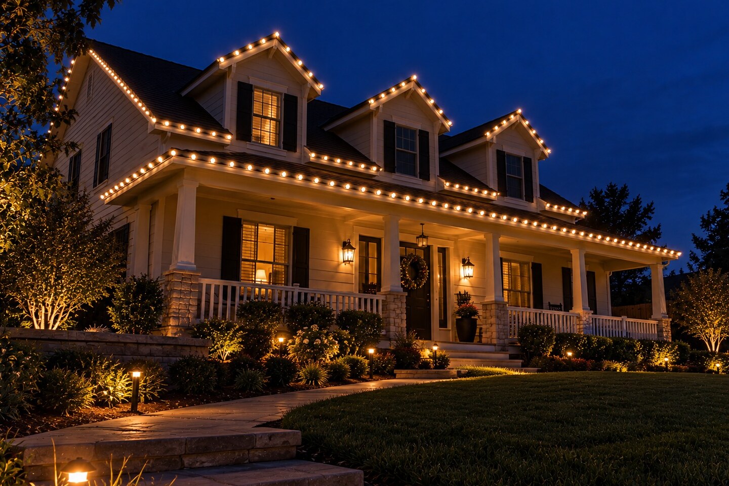 Christmas lights in Elk Grove, CA: ranch home warm white roofline wrapped palms