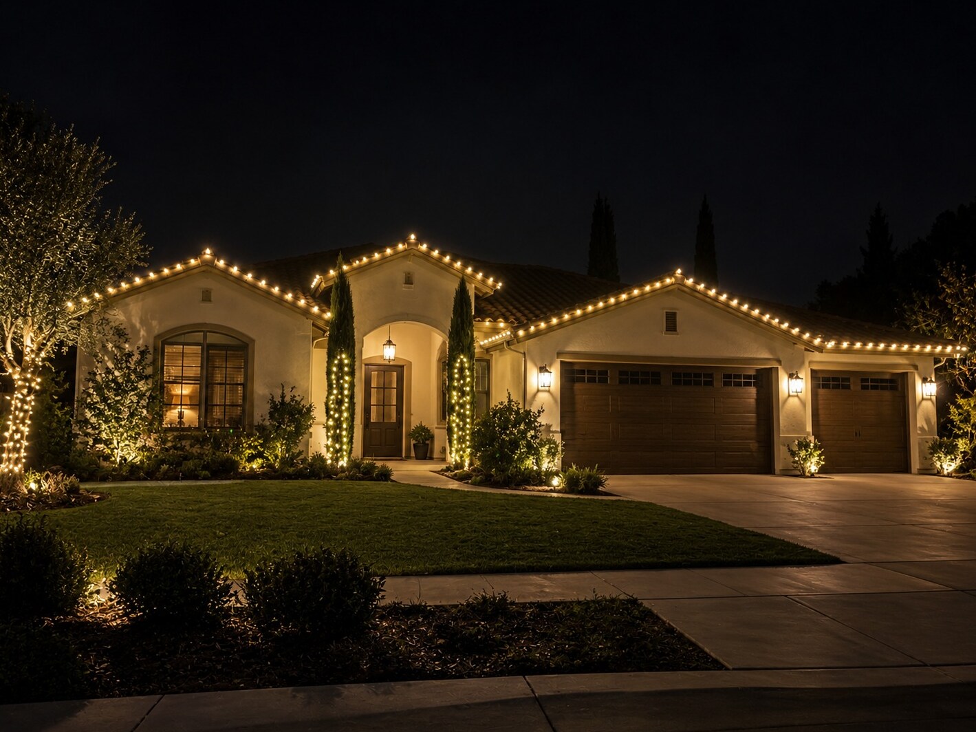 Christmas light hanging in Elk Grove, CA: spanish ranch tile roof arched entry warm white roofline