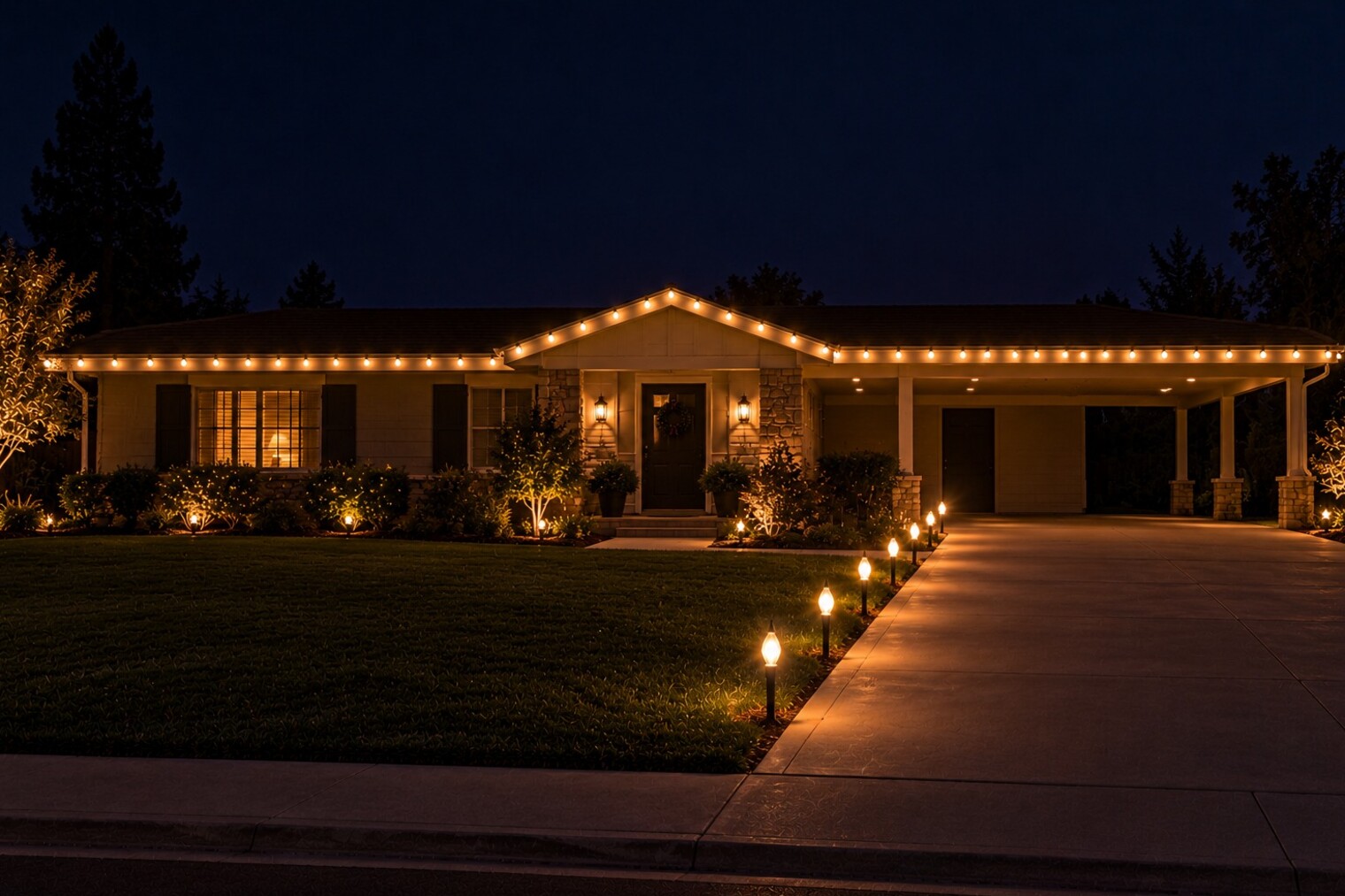 Holiday light installation in Elk Grove, CA: contemporary two story warm white roofline driveway stakes