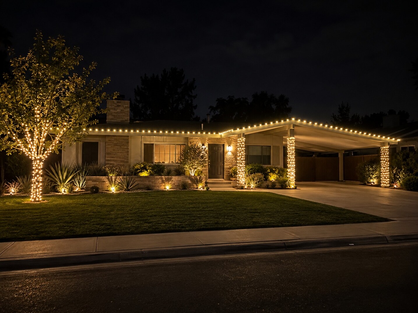 Christmas light installers in Elk Grove, CA: midcentury ranch carport warm white roofline