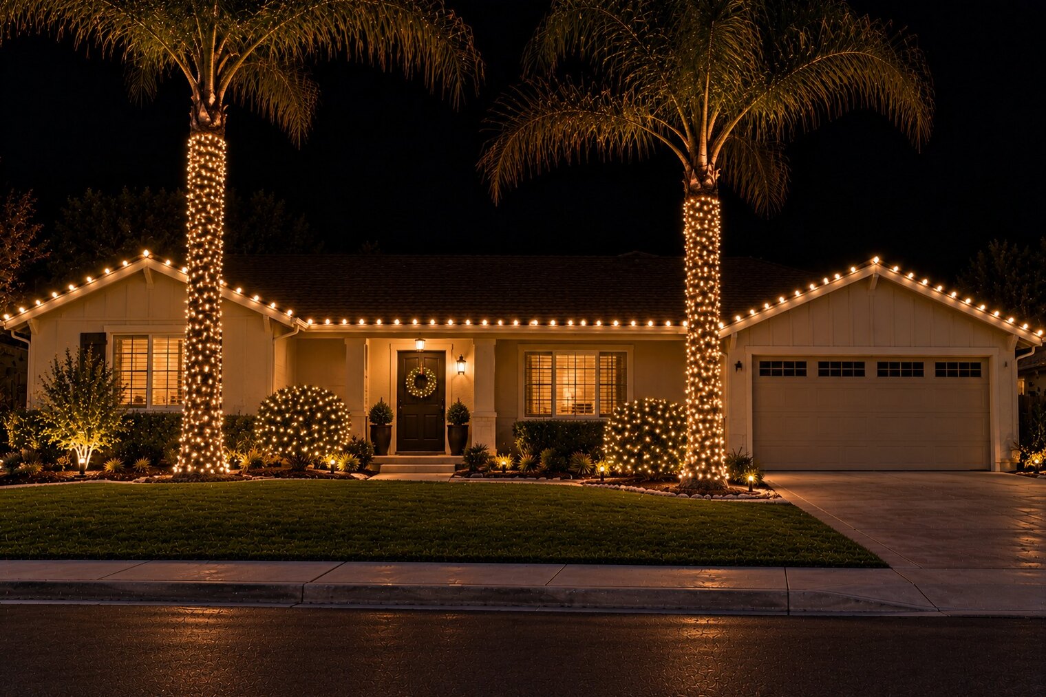 Residential christmas lights in Elk Grove, CA: single story stucco warm white roofline lit shrubs
