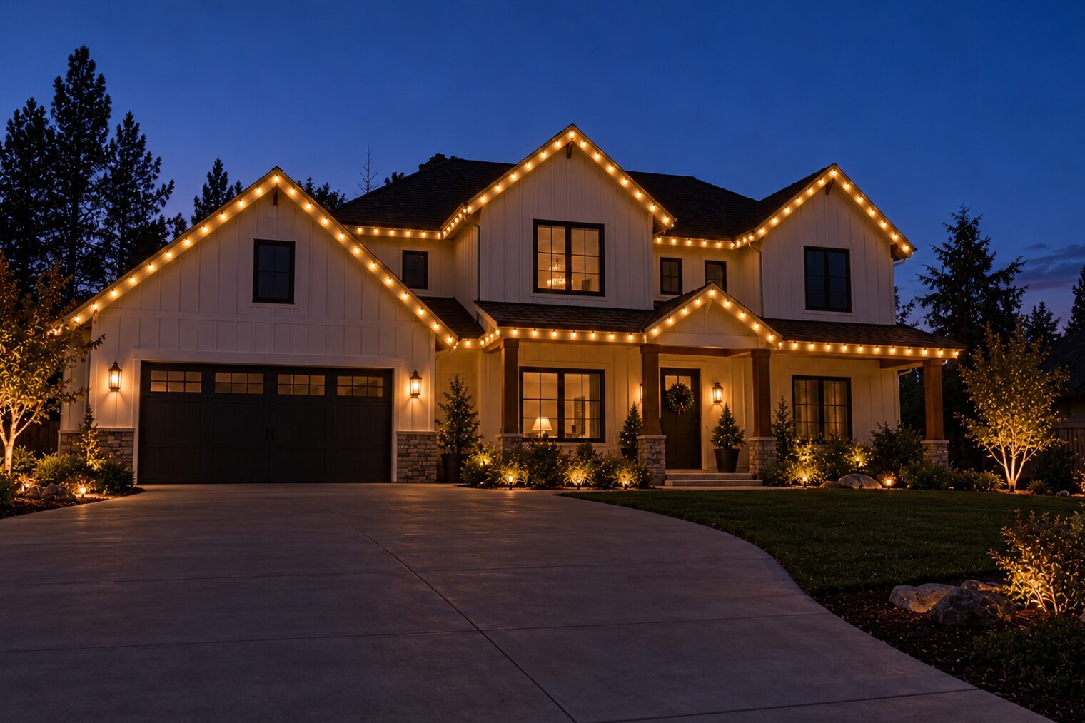 Christmas light installation in Elk Grove, CA: modern two story warm white roofline driveway stakes