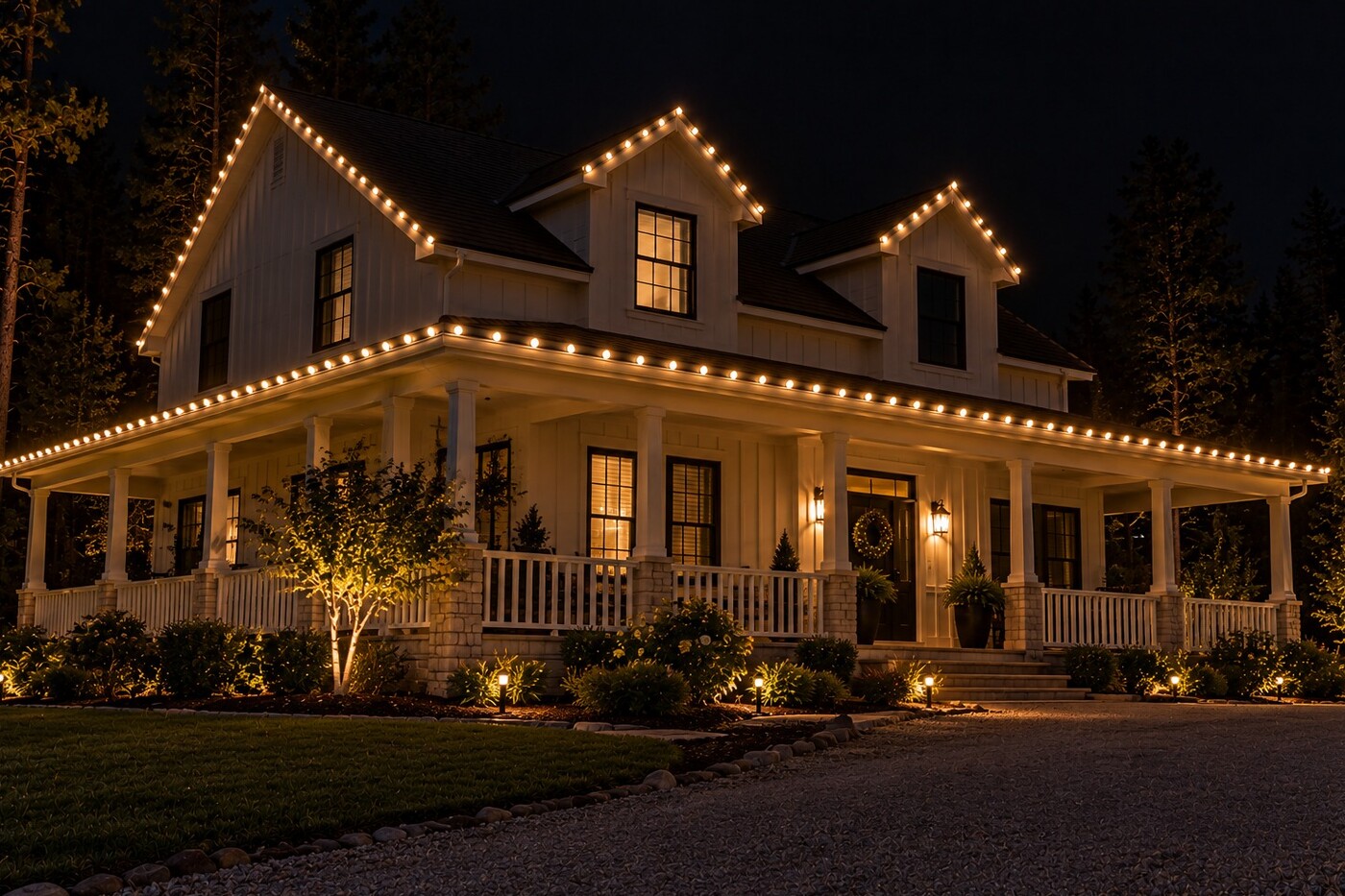 Christmas light hanging in Elk Grove, CA: single story tile roof warm white roofline door wreath