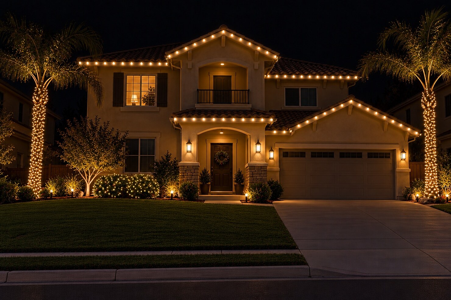 Professional christmas lights in Elk Grove, CA: country home three dormers warm white straight on