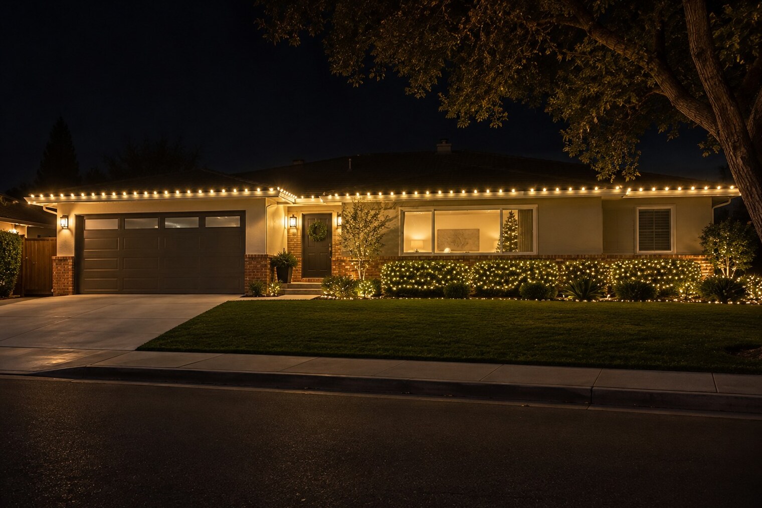 Christmas light company in Elk Grove, CA: country home dormers wraparound porch warm white