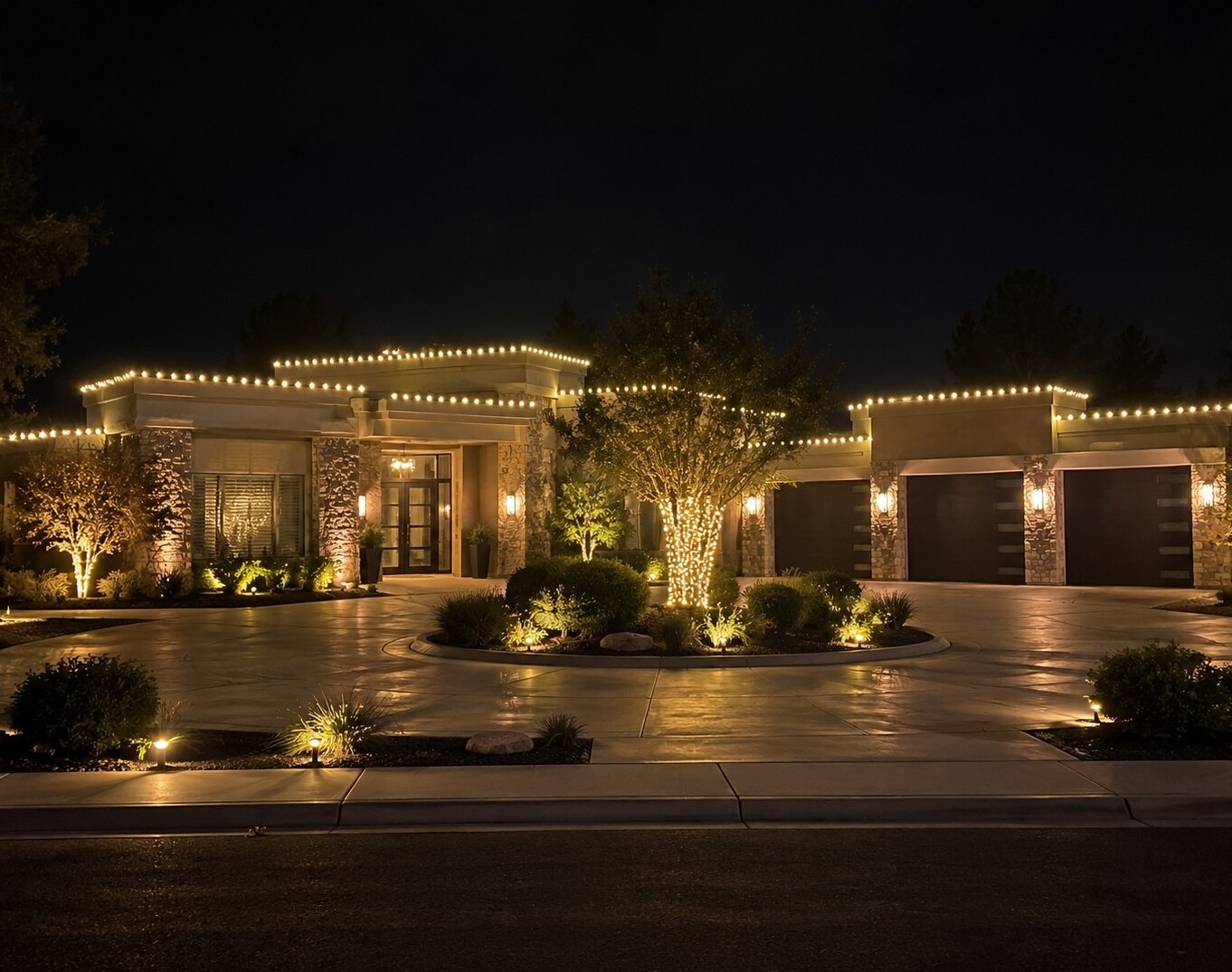 Professional christmas lights in Elk Grove, CA: modern estate stepped parapets warm white roofline