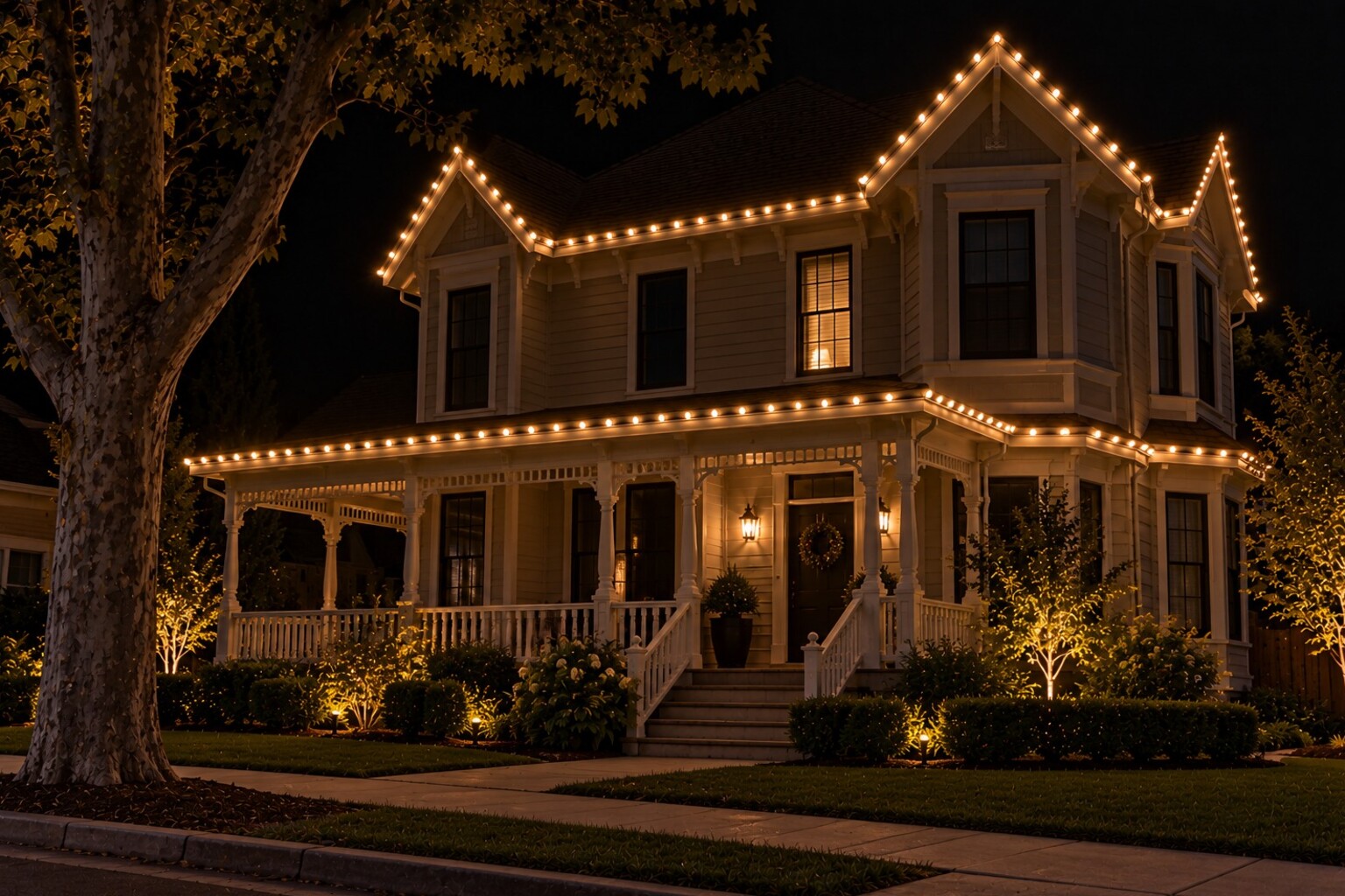 Christmas light service in Elk Grove, CA: two story home warm white roofline driveway stakes sunset